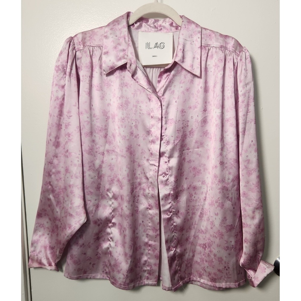 Ilag Plomme Satin Blouse Pink Flower Sm Puff Shoulder Hidden Placket Back Pleats